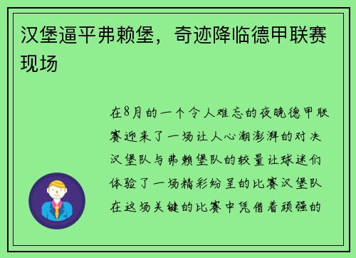 汉堡逼平弗赖堡，奇迹降临德甲联赛现场